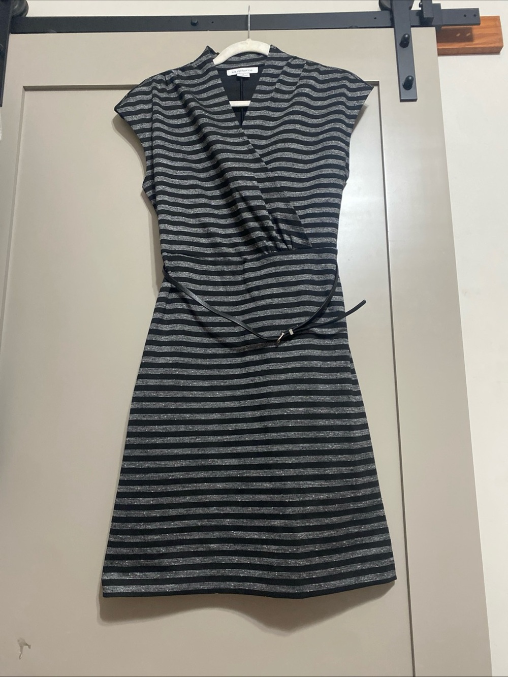 Liz Claiborne Black and Gray Striped Faux-Wrap Midi Dress